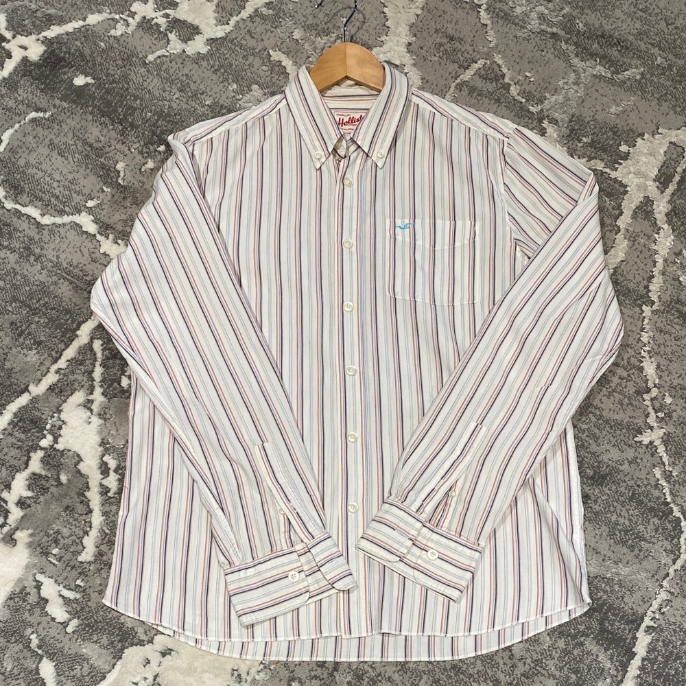 Hollister Men's Button-Down Shirt - White with Blue and Red Stripes